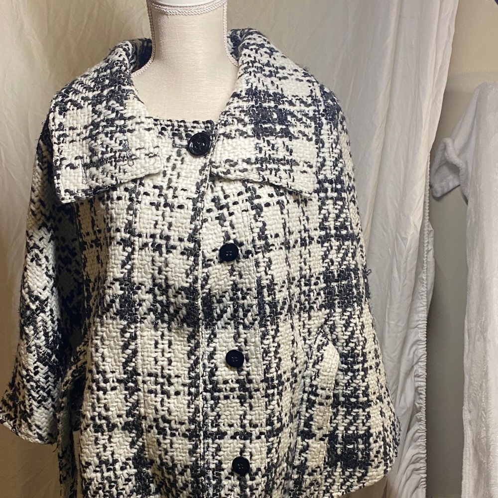 Boston Proper Black and White Tweed Belted Cape